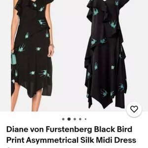 Diane von Furstenberg Black Bird Print Asymmetrical Silk Midi Dress